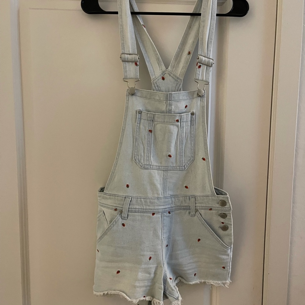 shorts overalls with tiny strawberry embroidery